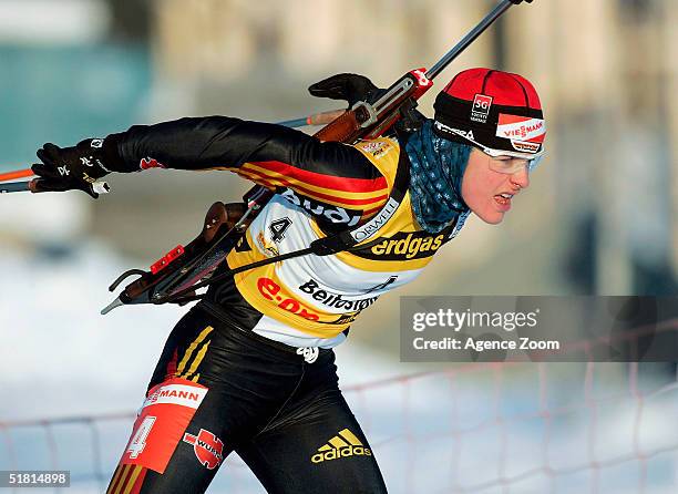 Uschi Disl of Germany competes on her way to victory in the IBU World Cup Women's Biathlon 7.5km Sprint event on December 2, 2004 in Beitosolen,...