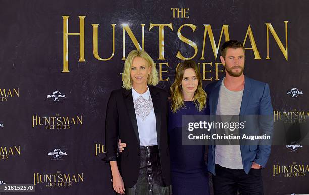 Charlize Theron, Emily Blunt and Chris Hemsworth attend "The Huntsman & The Ice Queen" Photocall at Park Hyatt Hamburg on March 30, 2016 in Hamburg,...