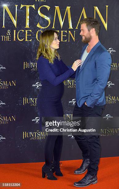 Emily Blunt and Chris Hemsworth attend "The Huntsman & The Ice Queen" Photocall at Park Hyatt Hamburg on March 30, 2016 in Hamburg, Germany.
