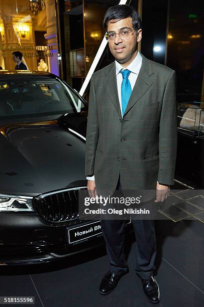 Grandmaster Viswanathan Anand of India attends the cocktail in the BMW boutique after the World Chess closing ceremony on March 29, 2016 in Moscow,...