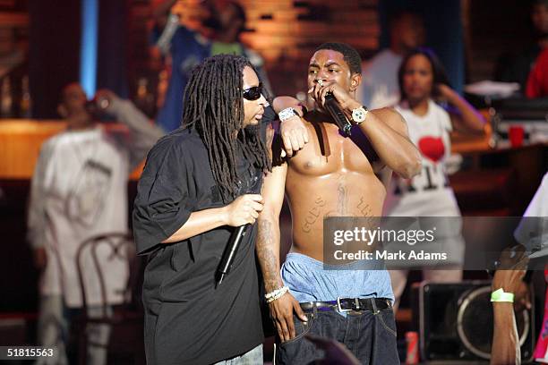 Rapper Lil' John and rapper Lil' Scrappy perform during the Lil' John and The East Side Boyz MTV2 $2 Bill Concert at The Tabernacle December 1, 2004...