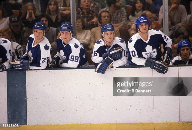 View of the Toronto Maple Leafs' bench during a game against the New York Islanders at the Nassau Coliseum, Uniondale, New York, February 1980. From...