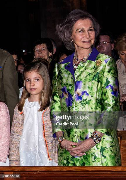 Princess Sofia of Spain and Queen Sofia of Spain attend the Easter Mass at the Cathedral of Palma de Mallorca on March 27, 2016 in Palma de Mallorca,...