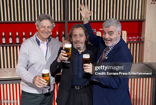 Josema Yuste , Fernando Conde and Millan Salcedo of Martes y Trece attend the Mahou Spot presentation at Capitol cinema on March 29, 2016 in Madrid,...