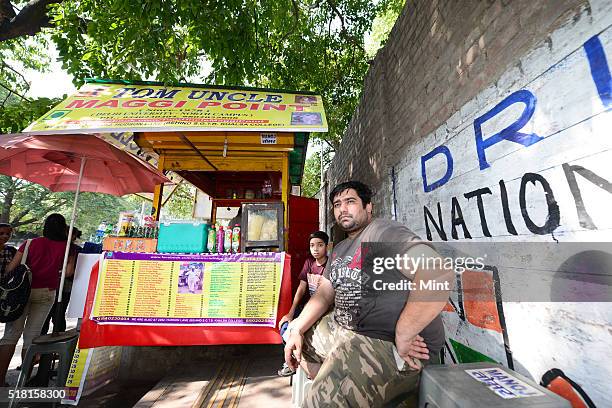 Noodle brand Top Ramen replaced Maggi from past few days at popular foodstall Tom Uncle Maggi point on June 18, 2015 in New Delhi, India. It used to...