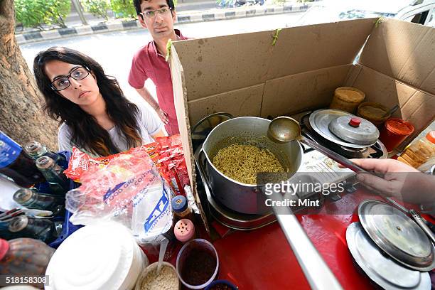 Noodle brand Top Ramen replaced Maggi from past few days at popular foodstall Tom Uncle Maggi point on June 18, 2015 in New Delhi, India. It used to...