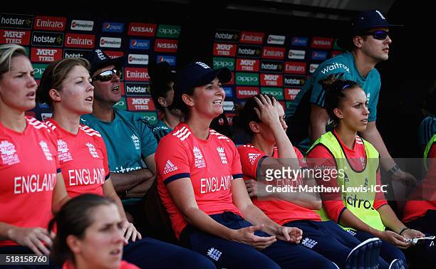 Charlotte Edwards, Captain of England looks on with her team, after losing against Australia during the Women's ICC World Twenty20 India 2016 Semi...