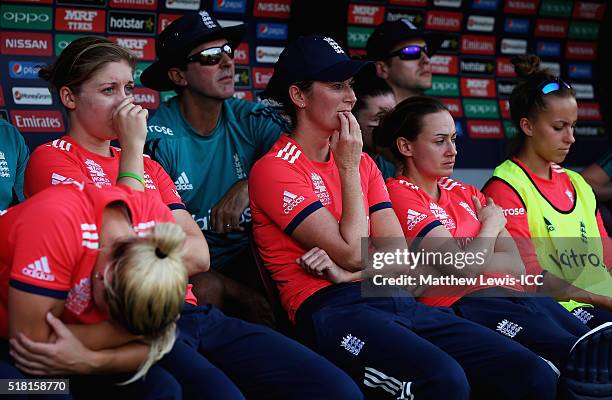 Charlotte Edwards, Captain of England looks on with her team, after losing against Australia during the Women's ICC World Twenty20 India 2016 Semi...