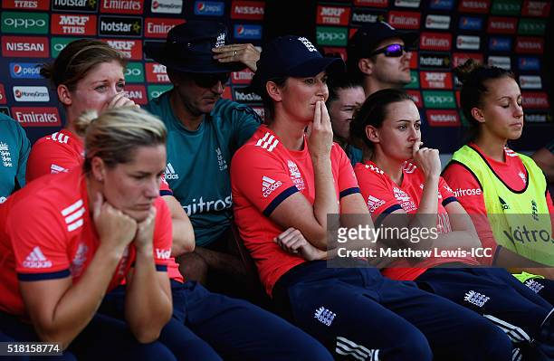 Charlotte Edwards, Captain of England looks on with her team, after losing against Australia during the Women's ICC World Twenty20 India 2016 Semi...