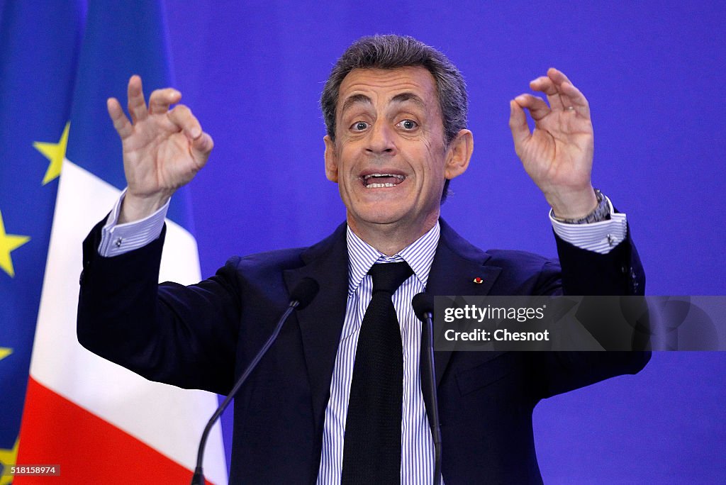 Nicolas Sarkozy, former President and center-right party President 'Les Republicains" GIves A Press Conference At His Headquarter