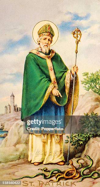 Prayer card illustration featuring Saint Patrick, the patron saint of Ireland, driving out the snakes, published circa 1900.