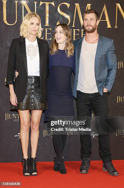 Charlize Theron, Emily Blunt and Chris Hemsworth attend 'The Huntsman & The Ice Queen' Photo Call on March 30, 2016 in Hamburg, Germany.