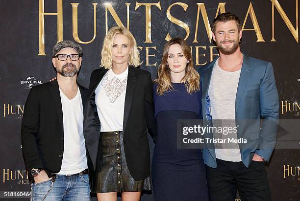 Cedric Nicolas-Troyan, Charlize Theron, Emily Blunt and Chris Hemsworth attend 'The Huntsman & The Ice Queen' Photo Call on March 30, 2016 in...