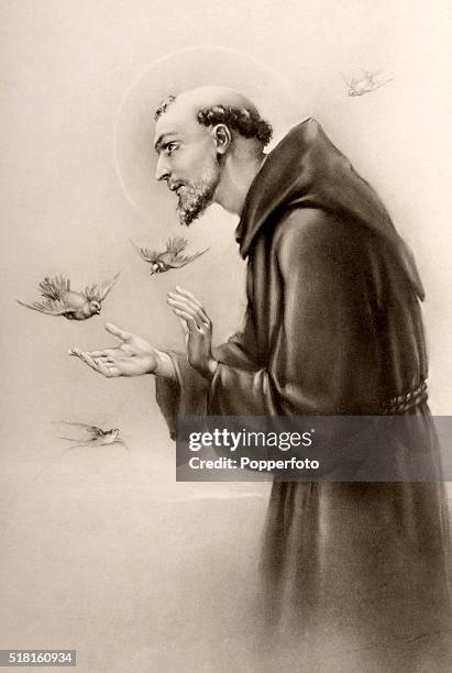 Prayer card illustration featuring Saint Francis of Assisi with the stigmata surrounded bya flock of birds, published circa 1900.