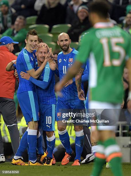 Miroslav Stoch of Slovakia celebrates after scoring during the international friendly match between the Republic of Ireland and Slovakia at Aviva...