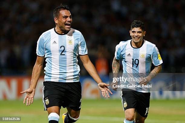 Gabriel Mercado of Argentina celebrates after scoring the first goal of his team during a match between Argentina and Bolivia as part of FIFA 2018...