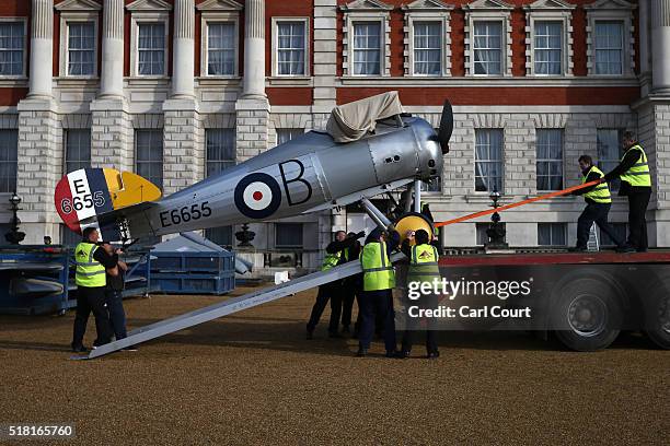 World War I Sopwith Snipe is unloaded from a truck at Horse Guards Parade on March 30, 2016 in London, England. The RAF Museum will display aircraft...