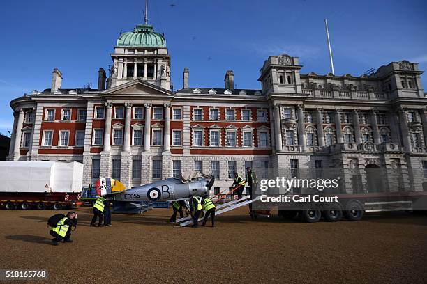 World War I Sopwith Snipe is unloaded from a truck at Horse Guards Parade on March 30, 2016 in London, England. The RAF Museum will display aircraft...