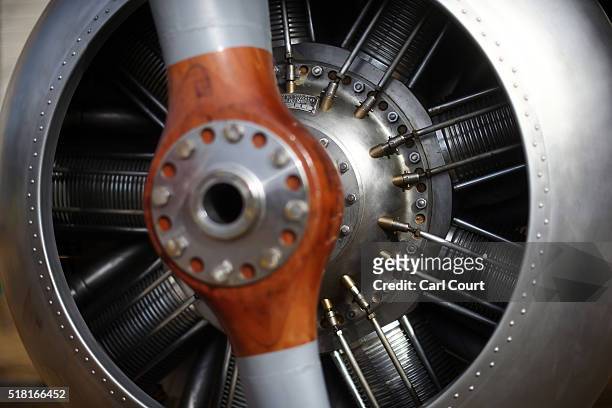 The engine and a propeller of a World War I Sopwith Snipe is pictured at Horse Guards Parade on March 30, 2016 in London, England. The RAF Museum...