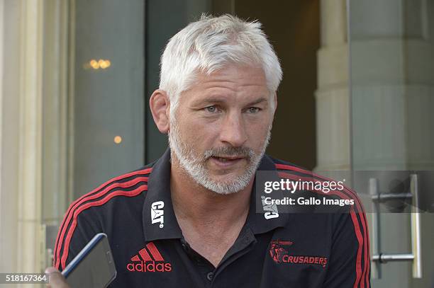 Crusaders head coach Todd Blackadder during the BNZ Crusaders press conference at Southern Sun Montecasino Hotel on March 30, 2016 in Pretoria, South...