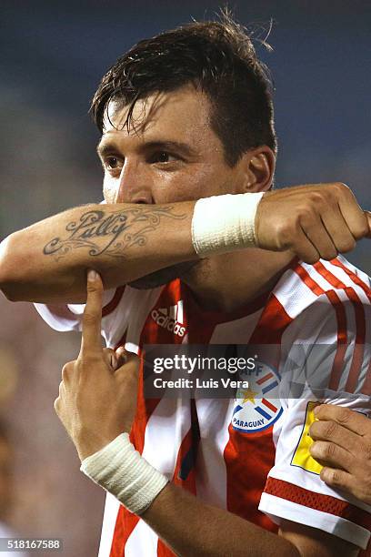 Edgar Benitez of Paraguay celebrates after scoring against during a match between Paraguay and Brazil as part of FIFA 2018 World Cup Qualifiers at...