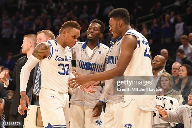 Derrick Gordon of the Seton Hall Pirates celebrates with teammates during a quarterfinal game of the Big East College Basketball Tournament against...