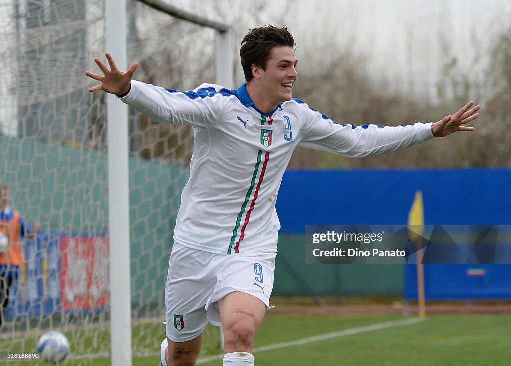 Favilli Andrea Favilli of Italy U19 celebrates after scoring his opening goal ...