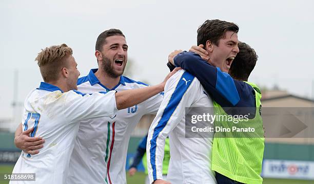 Andrea Favilli of Italy U19 celebrates after scoring his opening goal during the UEFA European U19 Championship Elite Round match Italy and Turkey at...