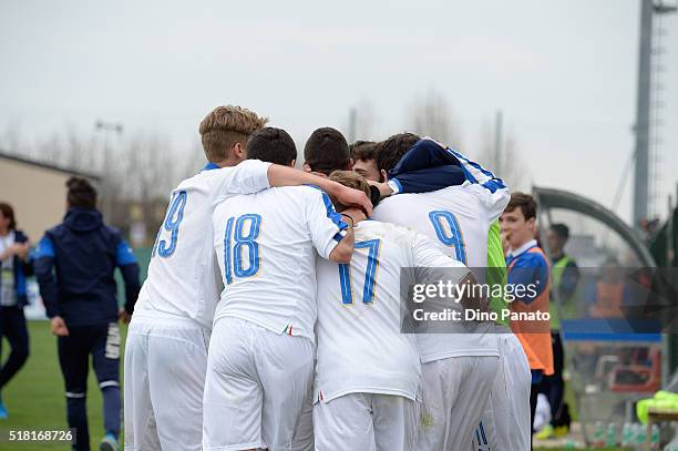 Andrea Favilli of Italy U19 celebrates after scoring his opening goal during the UEFA European U19 Championship Elite Round match Italy and Turkey at...