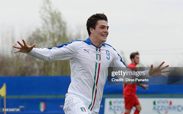 Andrea Favilli of Italy U19 celebrates after scoring his opening goal during the UEFA European U19 Championship Elite Round match Italy and Turkey at...