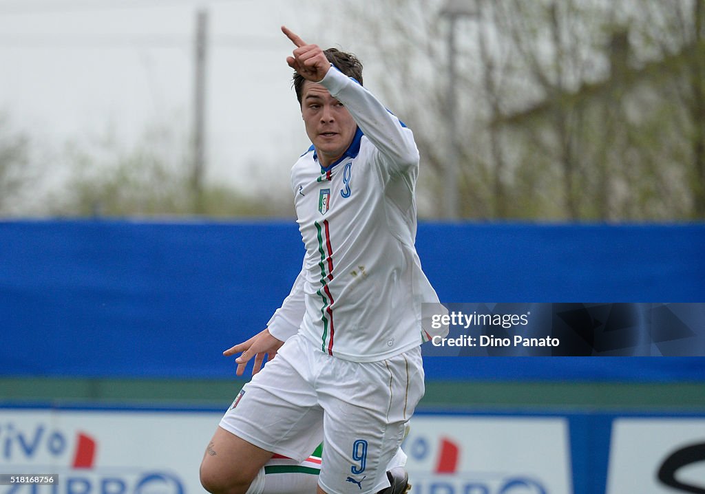 Favilli Andrea Favilli of Italy U19 celebrates after scoring his opening goal ...