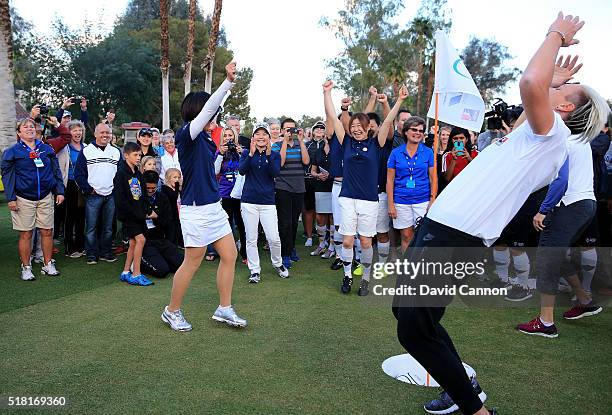 Shiho Oyama of Japan , Ayako Uehara of Japan and Yayao Kobayashi of Japan football team celebrate as they sealed victroy as Abby Wambach of the...