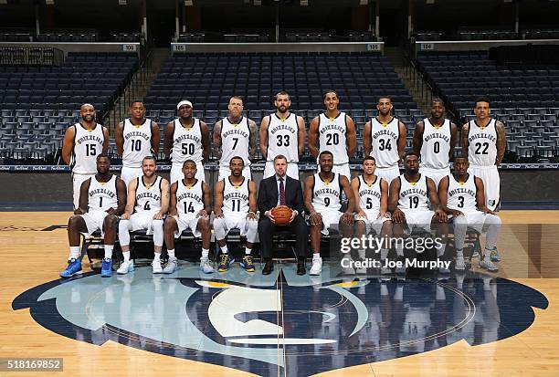 The Memphis Grizzlies players and coaches pose for a team photo on March 29, 2016 at FedExForum in Memphis, Tennessee. NOTE TO USER: User expressly...