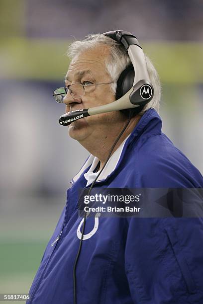 Offensive Coordinator Tom Moore of the Indianapolis Colts watches the game against the Houston Texans on November 14, 2004 at the RCA Dome in...