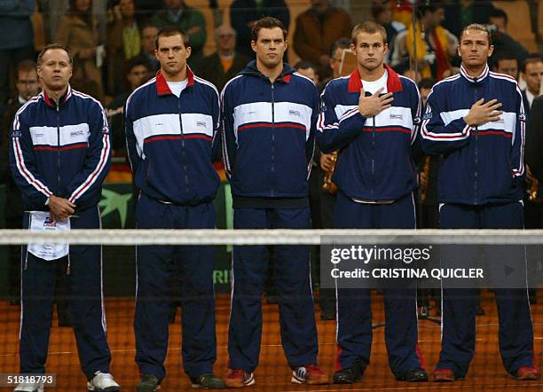 Davis Cup team captain Patrick McEnroe and US players Mike Bryan, Bob Bryan, Andy Roddick and Mardy Fish attend the opening ceremony of the Davis Cup...