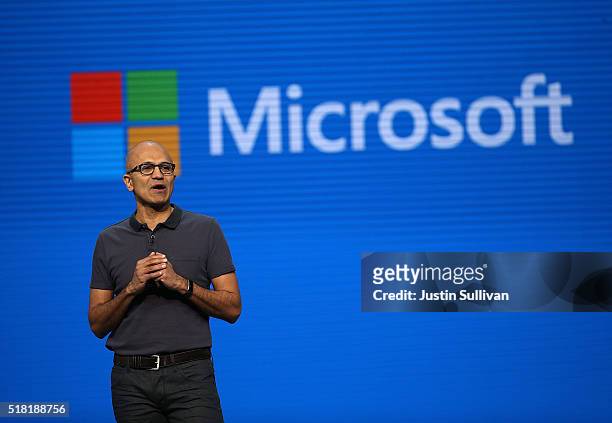 Microsoft CEO Satya Nadella delivers the keynote address during the 2016 Microsoft Build Developer Conference on March 30, 2016 in San Francisco,...