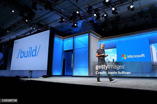 Microsoft CEO Satya Nadella delivers the keynote address during the 2016 Microsoft Build Developer Conference on March 30, 2016 in San Francisco,...