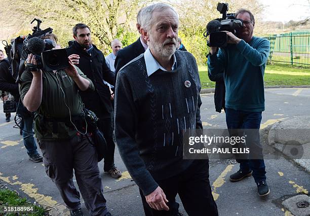 British opposition Labour Party leader Jeremy Corbyn arrives at the Tata sports and social club to meet with union representatives and Tata steel...