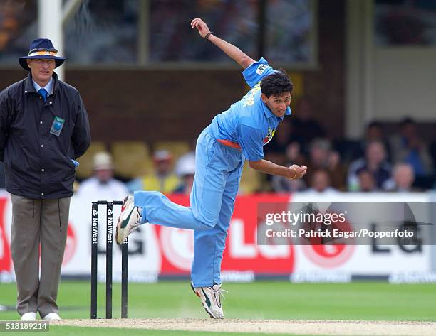 Ajit Agarkar of India bowling during the NatWest Series One Day International between India and Sri Lanka at Edgbaston, Birmingham, 6th July 2002....