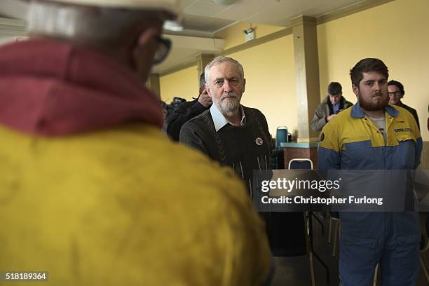 Labour leader Jeremy Corbyn meets workers and union members at the Tata Sports Club on March 30, 2016 in Port Talbot, Wales. Indian owners Tata Steel...