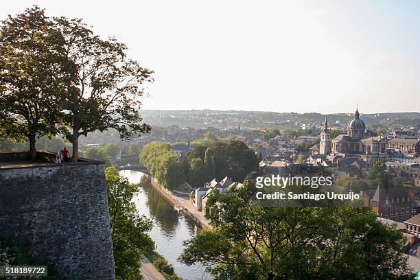 namur city alongside the meuse river from the citadel - fort stock pictures, royalty-free photos & images