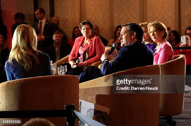 Republican Presidential candidate Senator Ted Cruz speaks to guests at a town hall event called "Women for Cruz" Coalition Rollout with wife Heidi,...