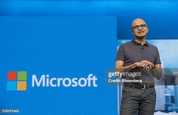 Satya Nadella, chief executive officer of Microsoft Corp., speaks during a keynote session at the Microsoft Developers Build Conference in San...