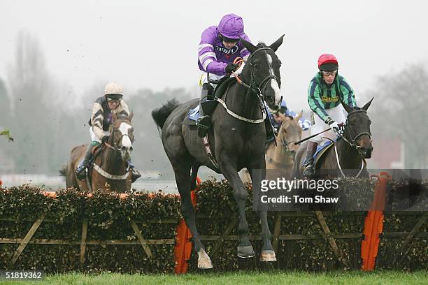 Ladalko ridden by Ruby Walsh jumps the final hurdle on his way to winning the William Hill Winter Novices Hurdle Race race during the Littlewoods Bet...