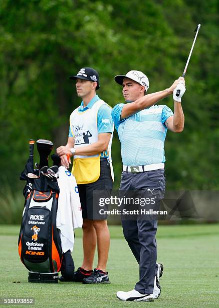 Rickie Fowler hits a shot during the pro-am prior to the start of the Shell Houston Open at the Golf Club of Houston on March 30, 2016 in Humble,...