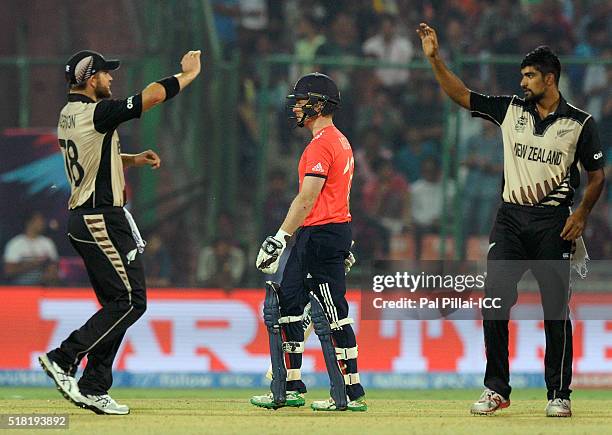 Delhi, INDIA Ish Sodhi of New Zealand celebrates the wicket of Eoin Morgan, Captain of England during ICC World Twenty20 India 2016 Semi Final match...