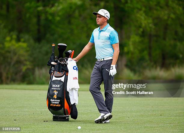 Rickie Fowler waits in a fairway during the pro-am prior to the start of the Shell Houston Open at the Golf Club of Houston on March 30, 2016 in...