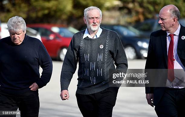 British opposition Labour Party leader Jeremy Corbyn arrives with David Rees , member of the Welsh Assembly, to meet Tata Steel workers at the Tata...