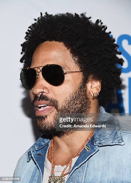 Musician Lenny Kravitz arrives at the premiere of Sony Pictures Classics' "Miles Ahead" at the Writers Guild Theater on March 29, 2016 in Beverly...
