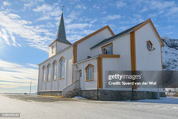 valberg church in vestvågøy  in the lofoten archipel in norway during winter - sjoerd van der wal stock pictures, royalty-free photos & images